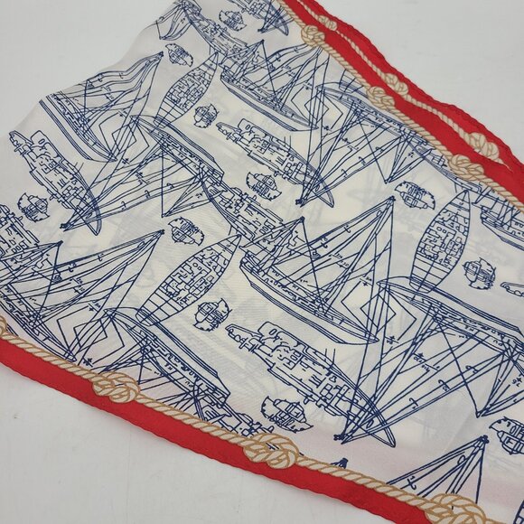 Brooks Brother 100% Silk Sailboats Scarf Red White Blue New with Tags Twill - Picture 3 of 10